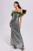 Kitty Off Shouder Feather Sequin Maxi Dress, M sold by Bella Barnett