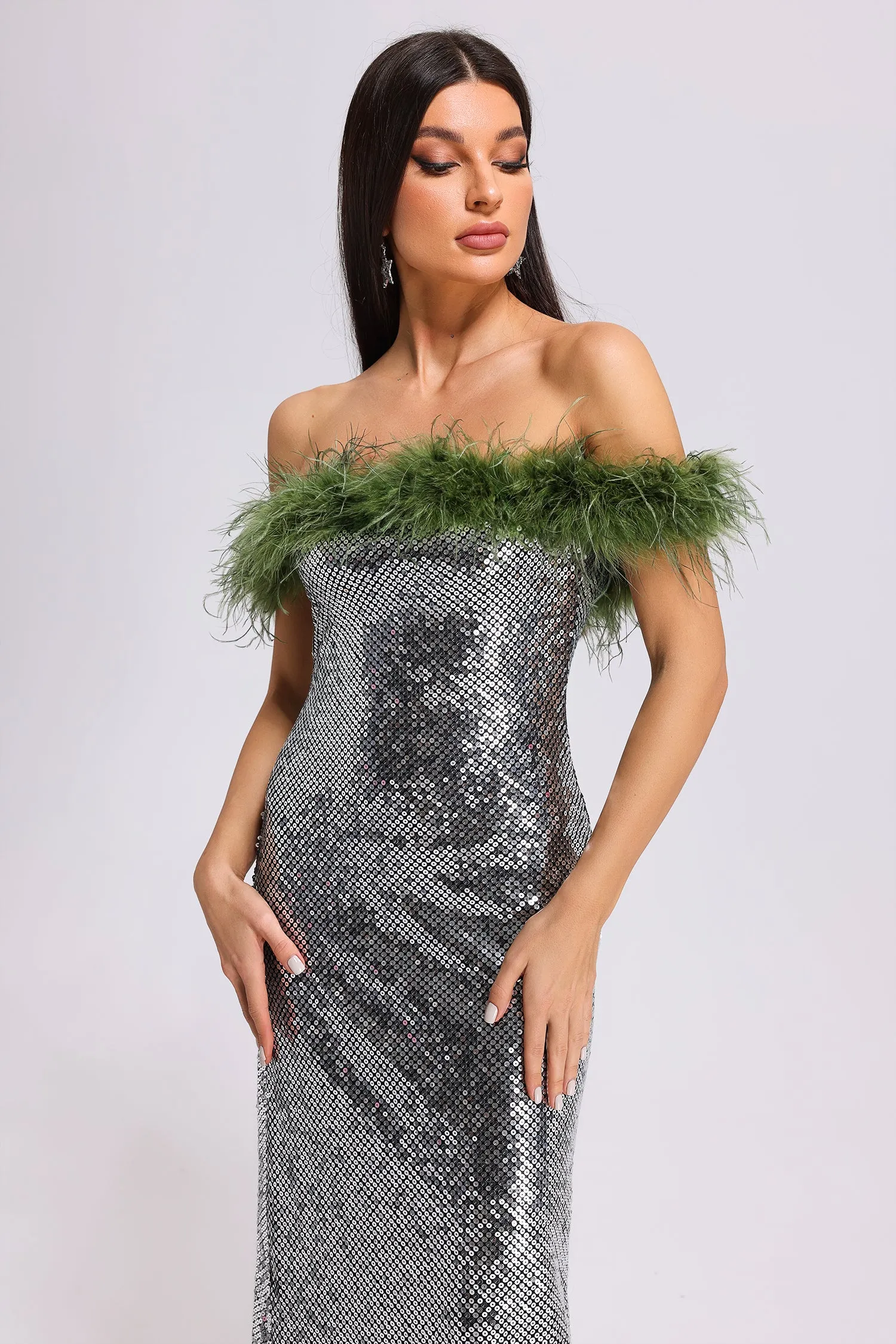 Kitty Off Shouder Feather Sequin Maxi Dress, M sold by Bella Barnett product image thumbnail 2
