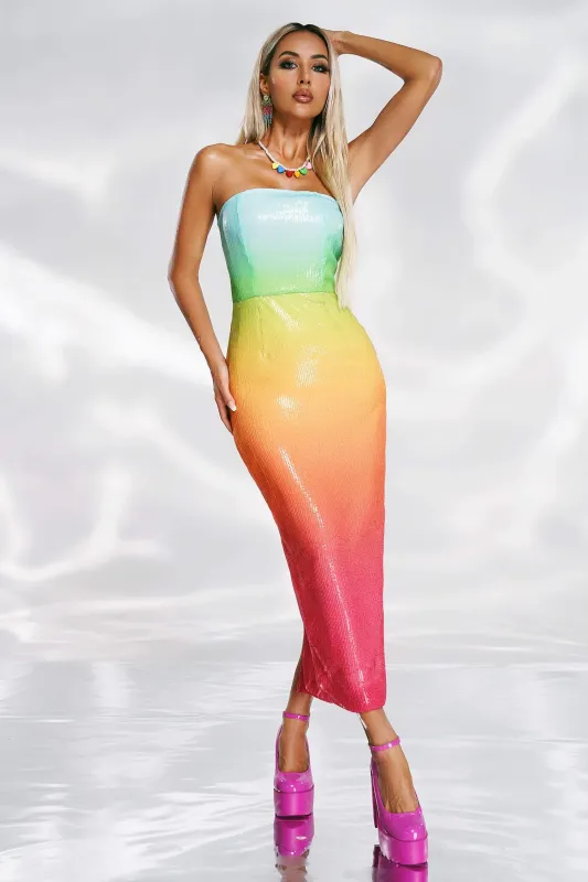 Sue Strapless Sequin Midi Dress, S sold by Bella Barnett