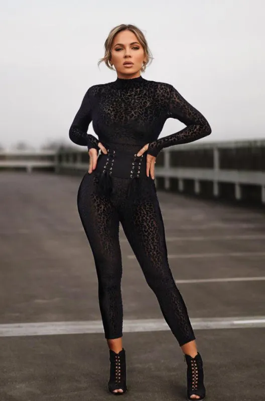Bodycon Black Leopard Mesh Jumpsuit, S made by Bella Barnett
