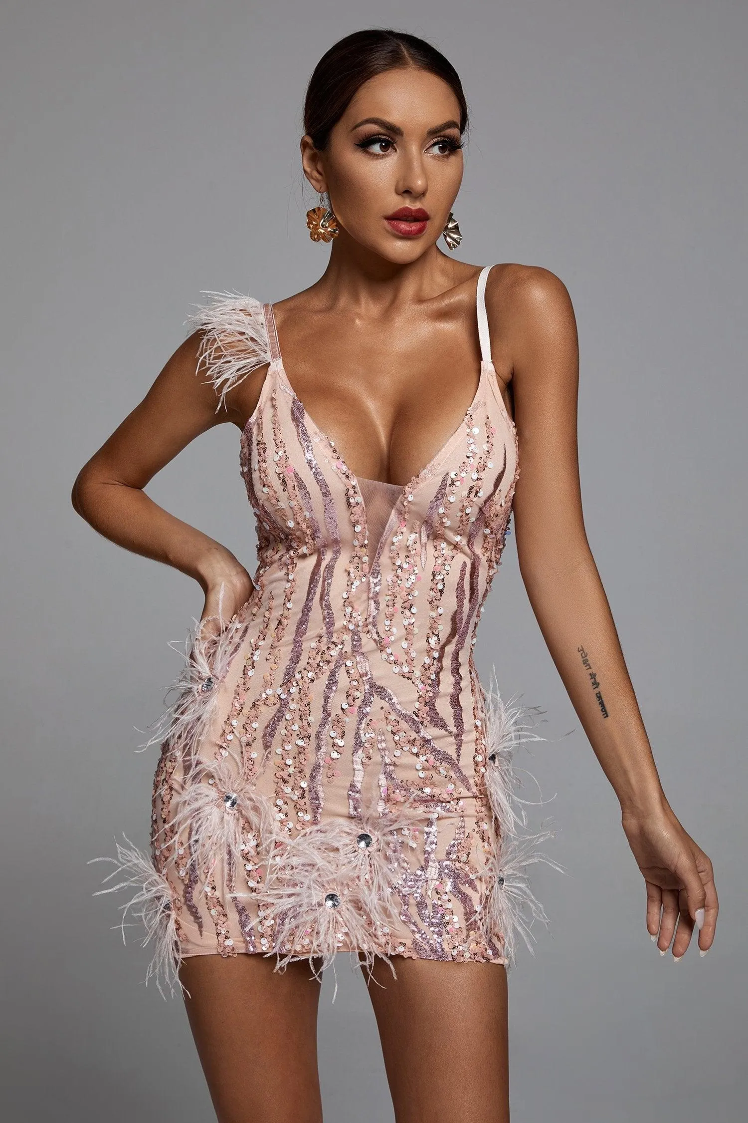 Feather Fringe V Neck Bodycon Mini Party Dress, S sold by Bella Barnett