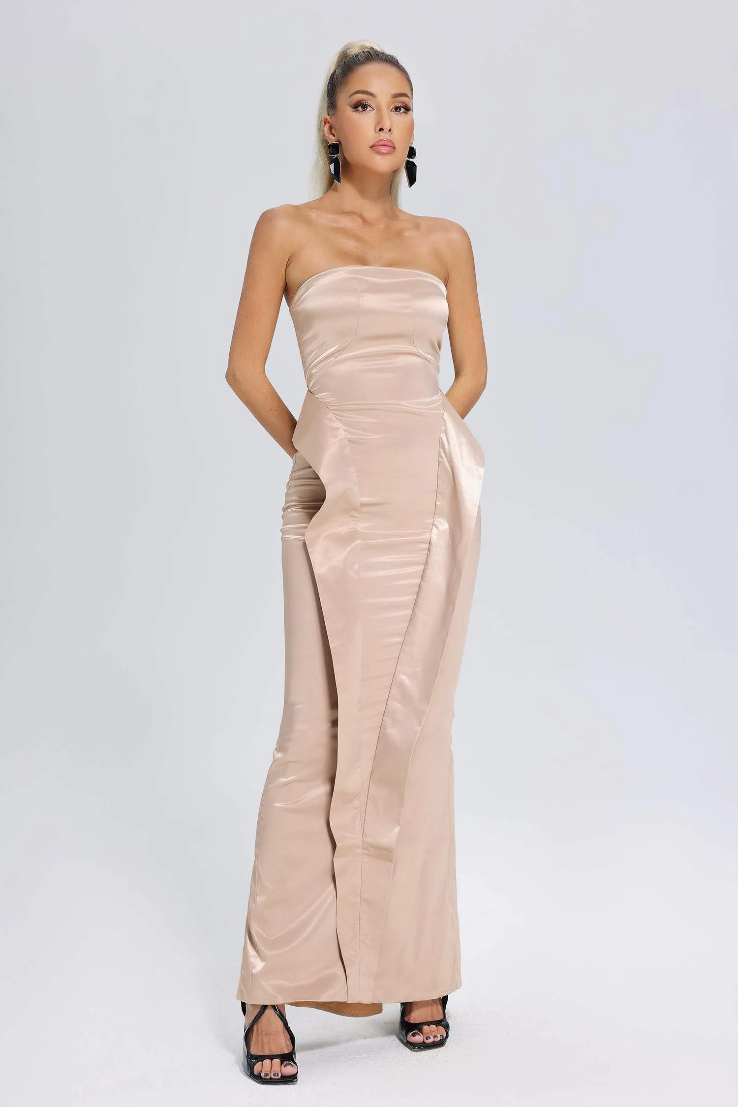 Reda Fishtail Tube Satin Maxi Dress, S sold by Bella Barnett