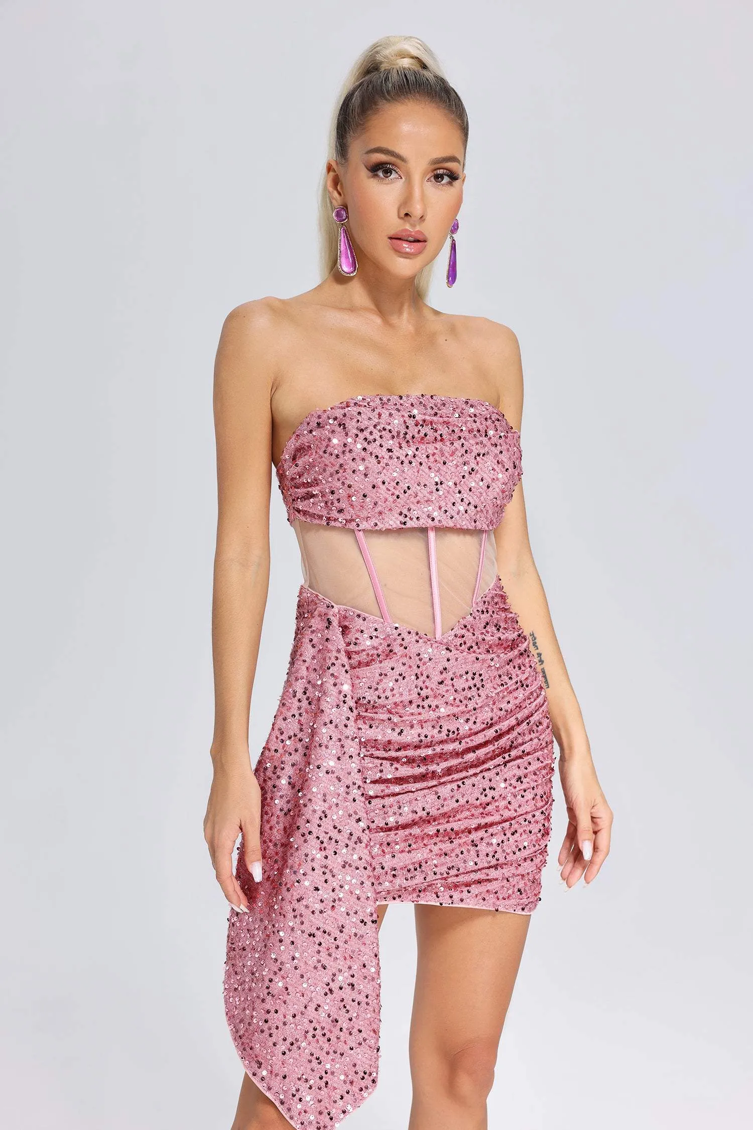 Janneth Sequin Ruched Mini Dress, S sold by Bella Barnett
