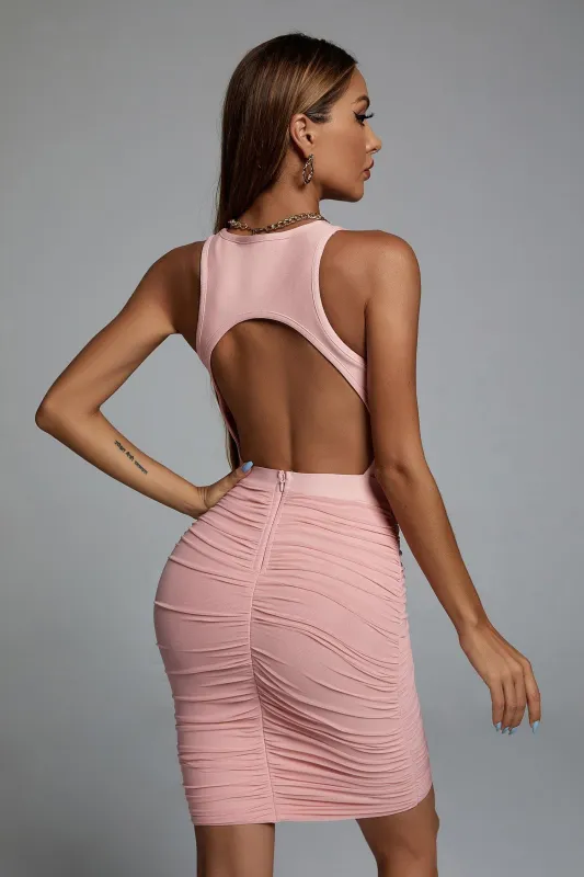 Unica Backless Ruched Mini Cocktail Dress - Pink, L sold by Bella Barnett