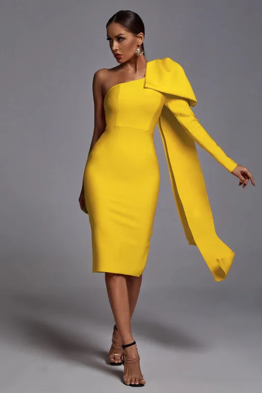 Abbey Yellow One Shoulder Bandage Dress, XS sold by Bella Barnett