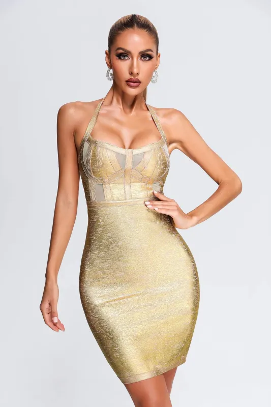Halter Black Metallic Cocktail Dress - Gold, XS sold by Bella Barnett
