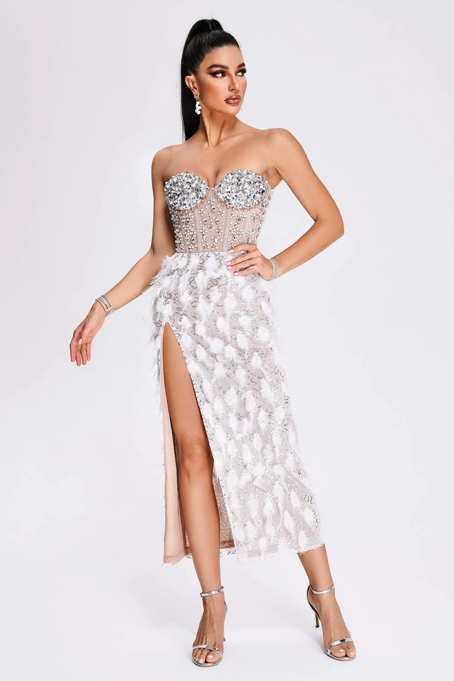Mylie Strapless Diamonate Feather Midi Dress, L sold by Bella Barnett