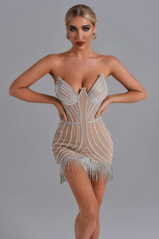 Lola Diamonate Tassel Mini Dress, Beige / L sold by Bella Barnett