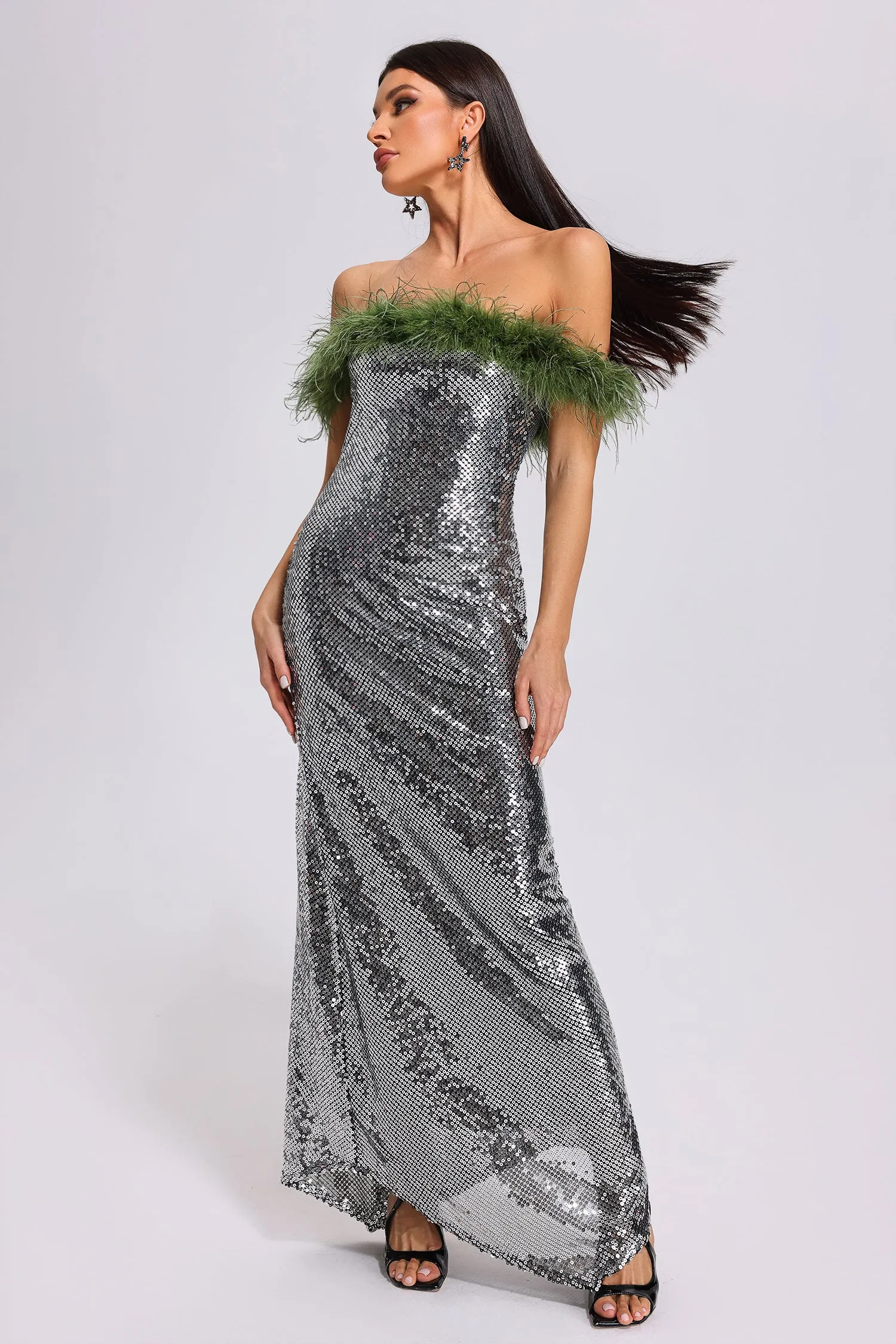 Kitty Off Shouder Feather Sequin Maxi Dress, S sold by Bella Barnett