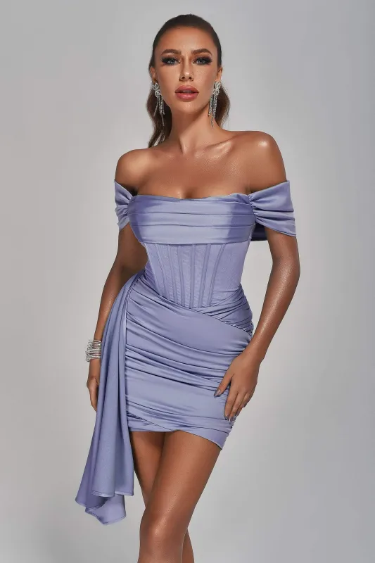 Anita Off Shoulder Satin Corset Mini Dress - Purple, M sold by Bella Barnett
