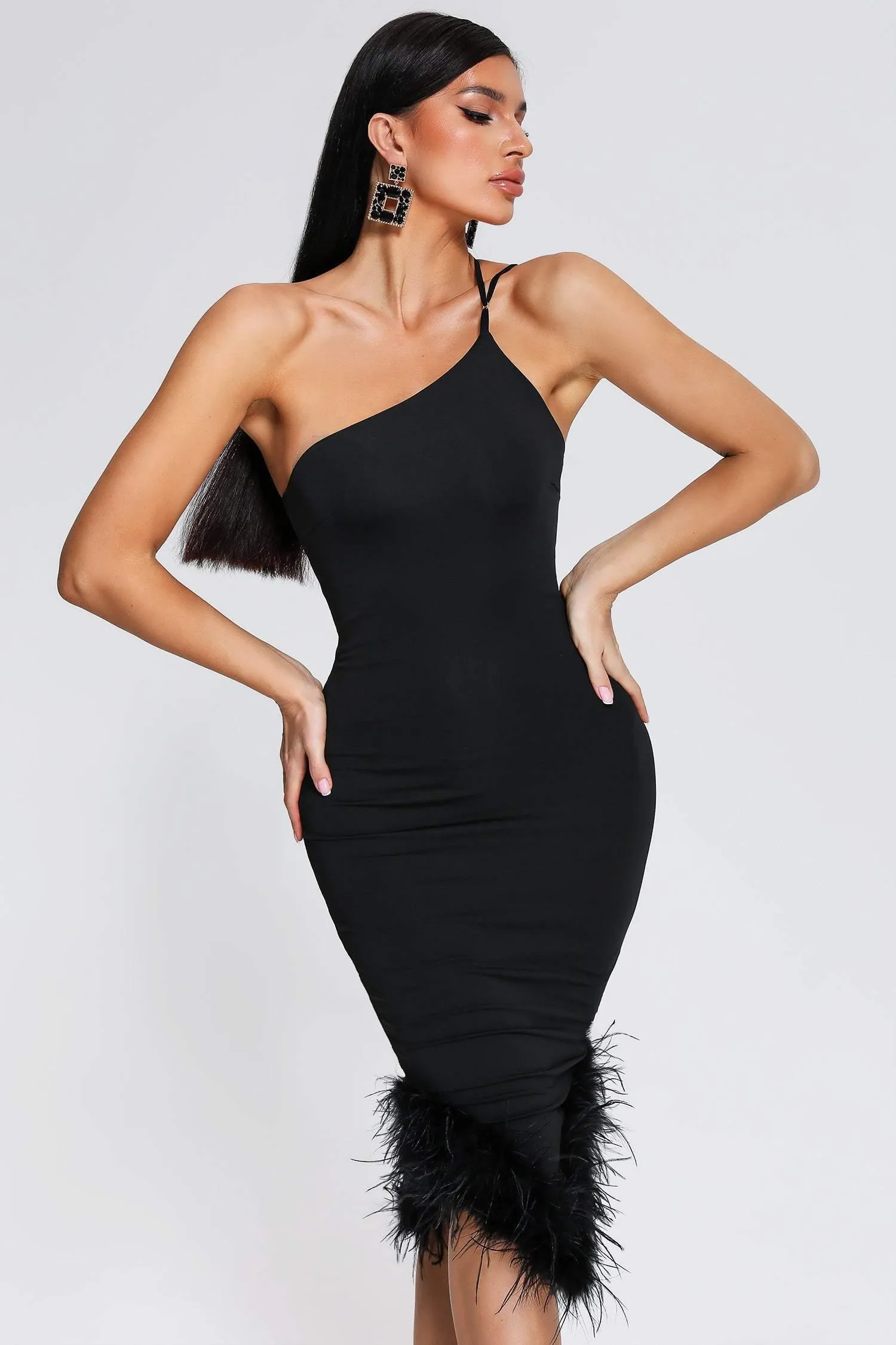 Rate Feather One Shoulder Midi Dress - Black, L sold by Bella Barnett