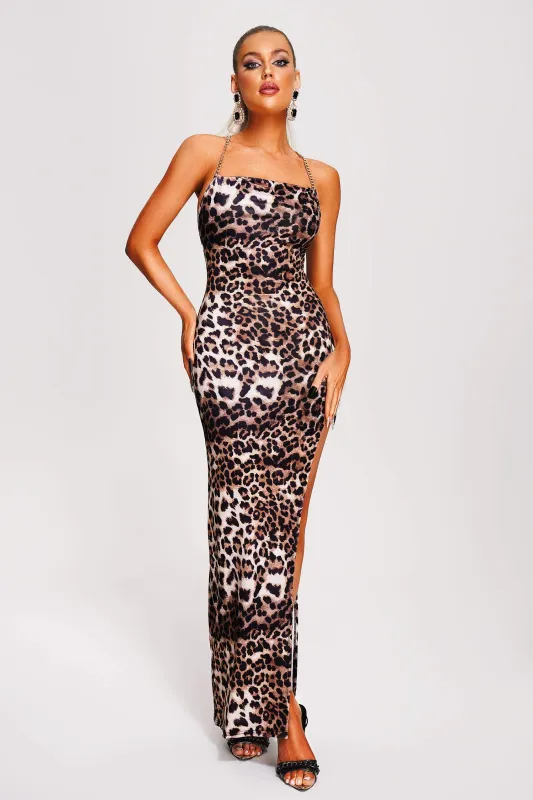 Talia Leopard Halter Slit Maxi Dress, L sold by Bella Barnett