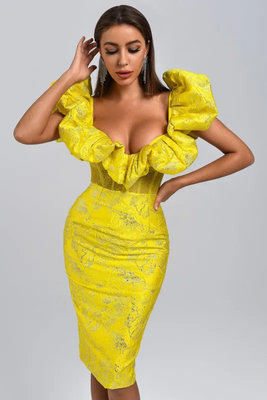 Melany Jacquard Midi Dress - Yellow, XS sold by Bella Barnett