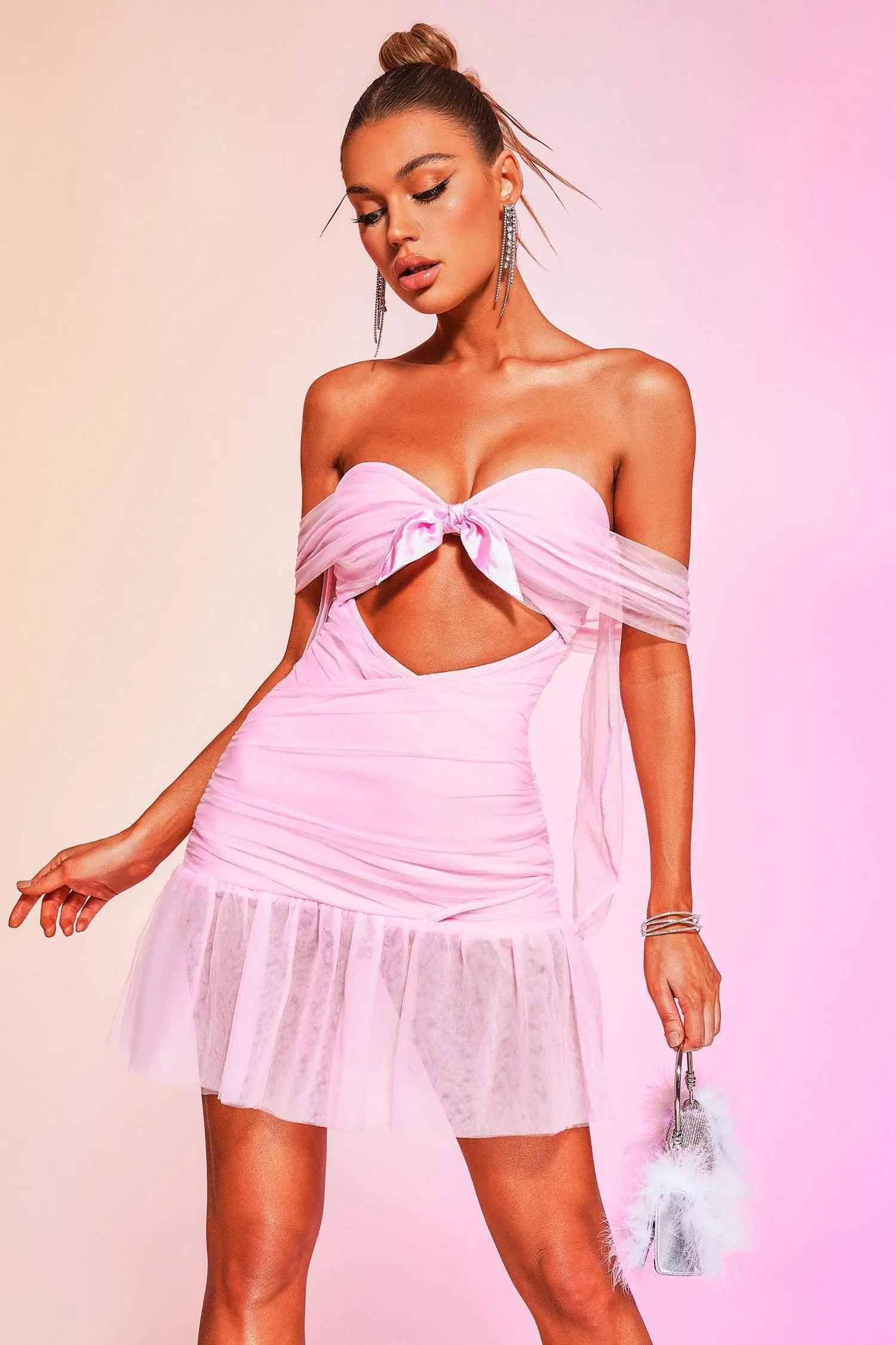 Kavaza Off Shoulder Mesh Mini Bandage Dress, L sold by Bella Barnett