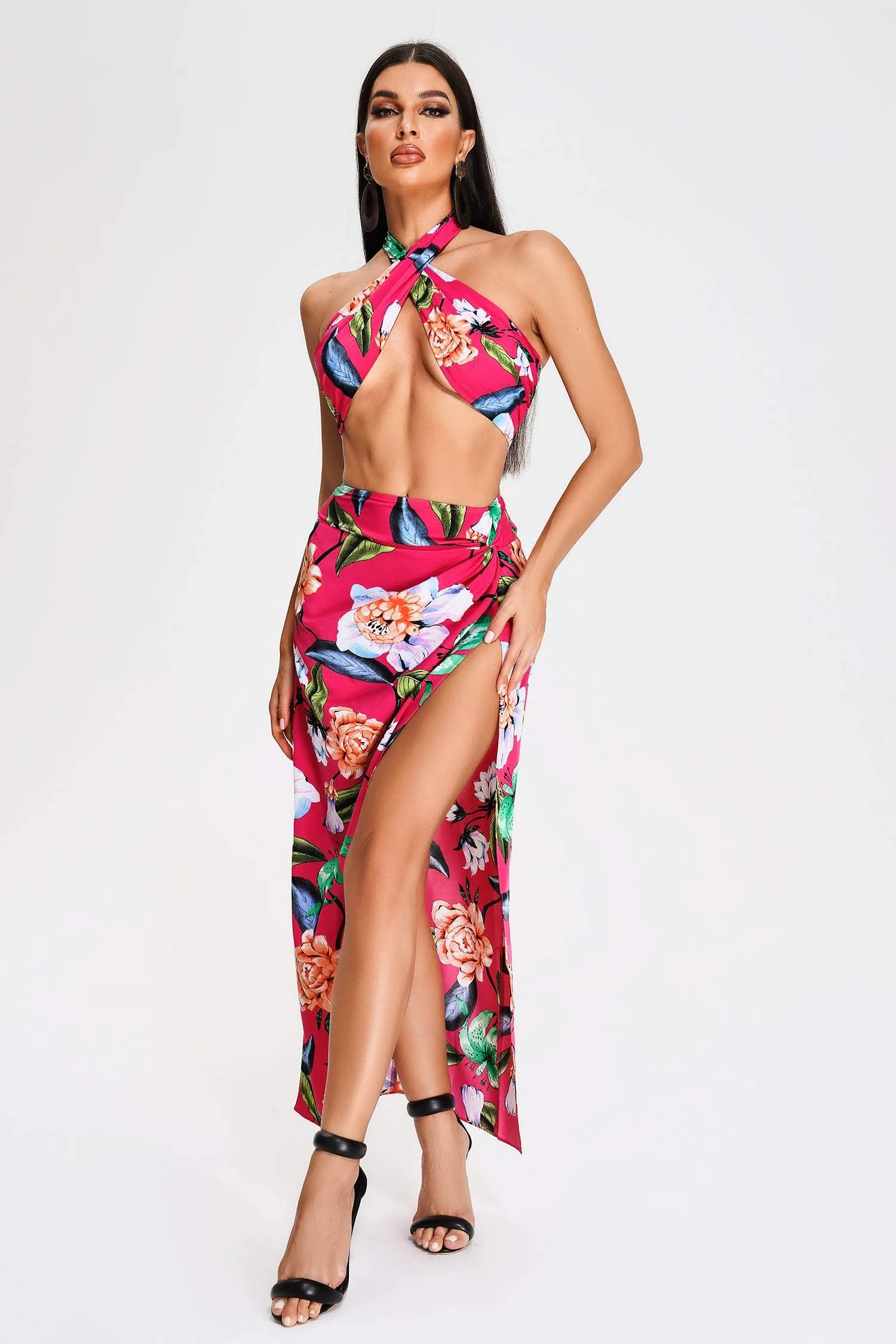 Rakara Floral Halter Slit Maxi Dress, S sold by Bella Barnett