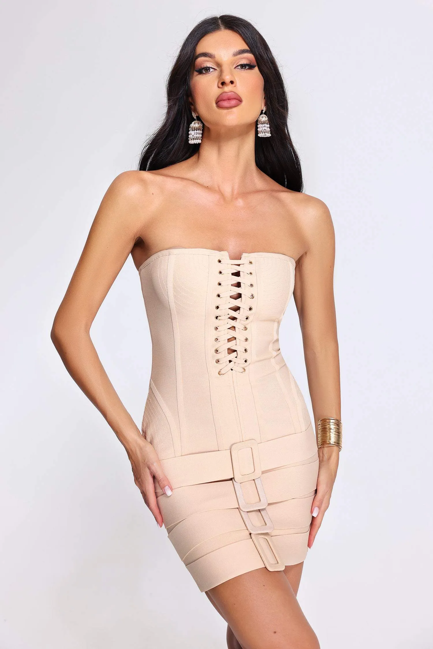 Icis Lace Up Bandage Mini Dress - White, M sold by Bella Barnett