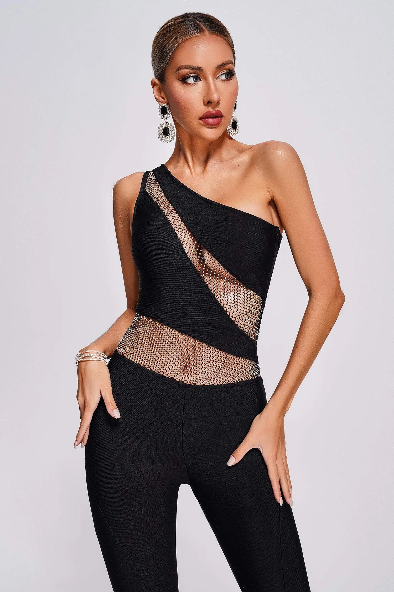 Trinvilla One Shoulder Mesh Bandage Jumpsuit, L sold by Bella Barnett product image thumbnail 2