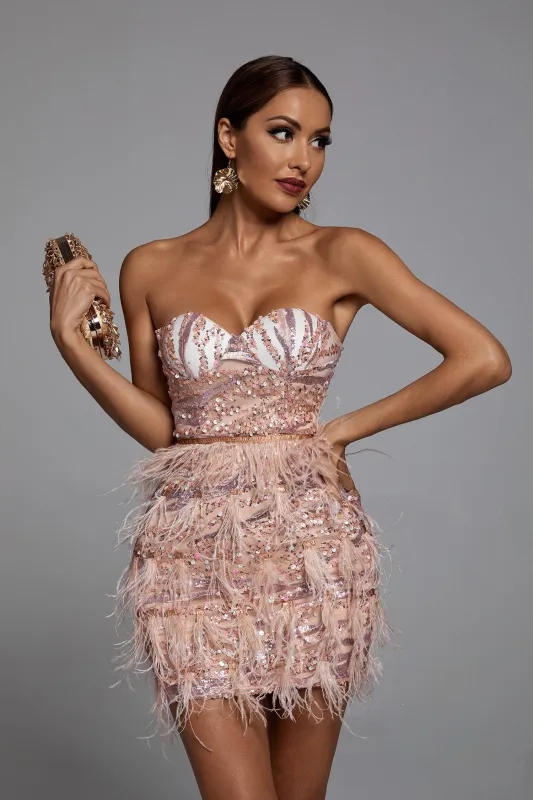 Fringe Trim Sequin Feather Mini Party Dress - Pink, XS sold by Bella Barnett