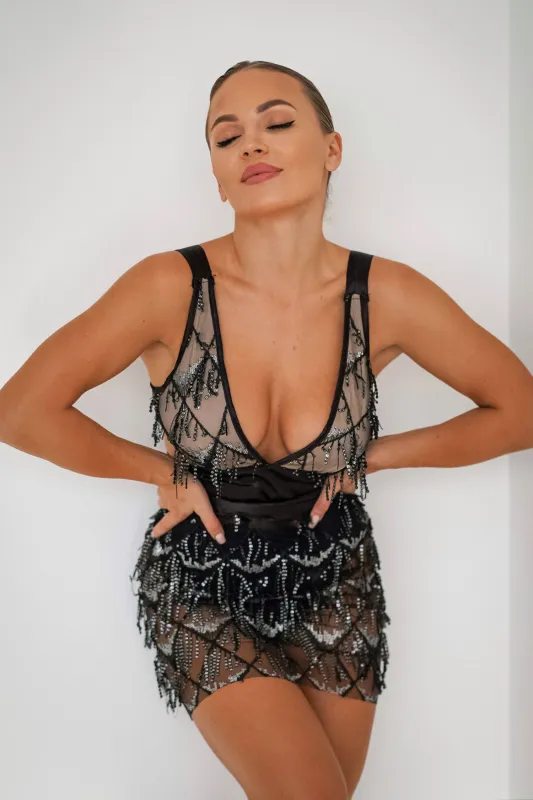 Tassel Fringe Sequin Mini Dress - Black, M sold by Bella Barnett