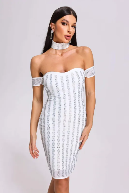 Agnes Off Shoulder Stripe Midi Dress, M sold by Bella Barnett