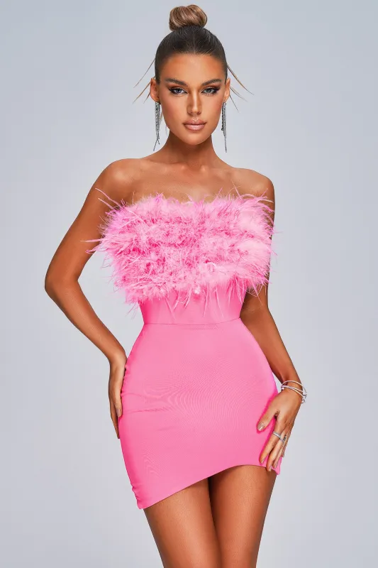 Winey Strapless Feather Mini Dress, XS sold by Bella Barnett