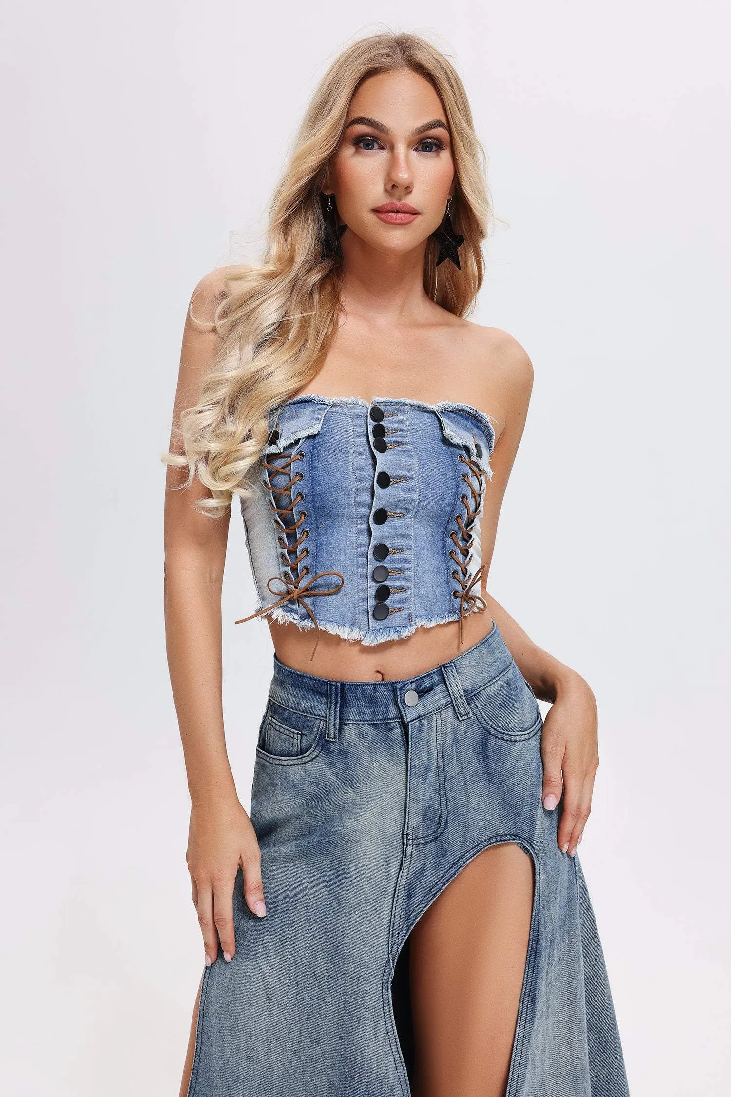 Quintina Lace Up Denim Tube Top, M sold by Bella Barnett product image thumbnail 2