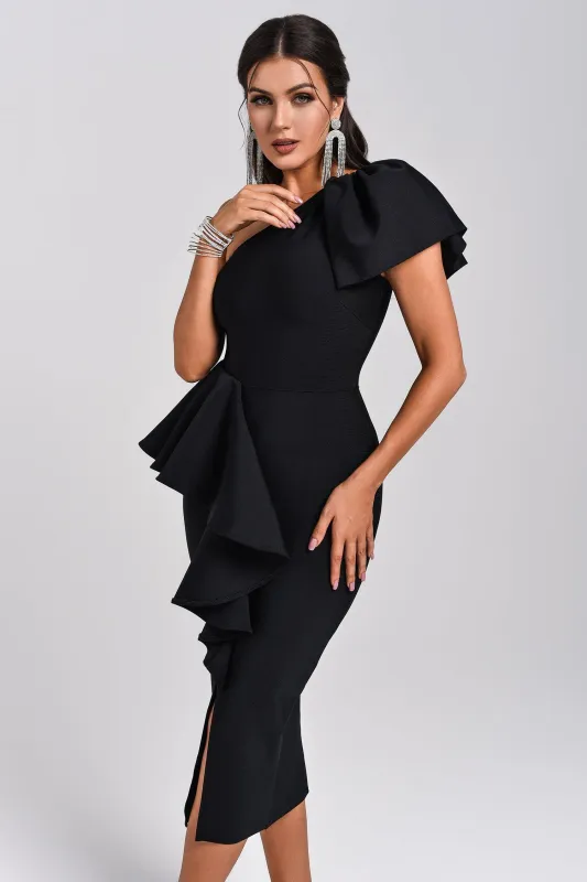 Olga One Shoulder Crystal Midi Bandage Dress, S sold by Bella Barnett