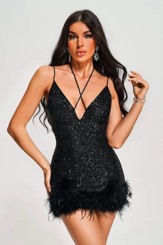 Oga Halter Sequin Feather Mini Dress - Black, L sold by Bella Barnett