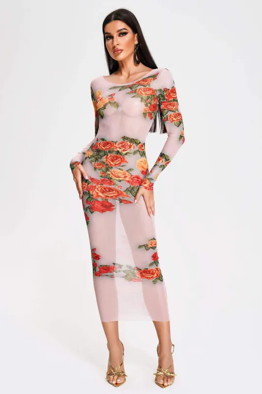 Tanisha Printed Mesh Midi Dress, L made by Bella Barnett