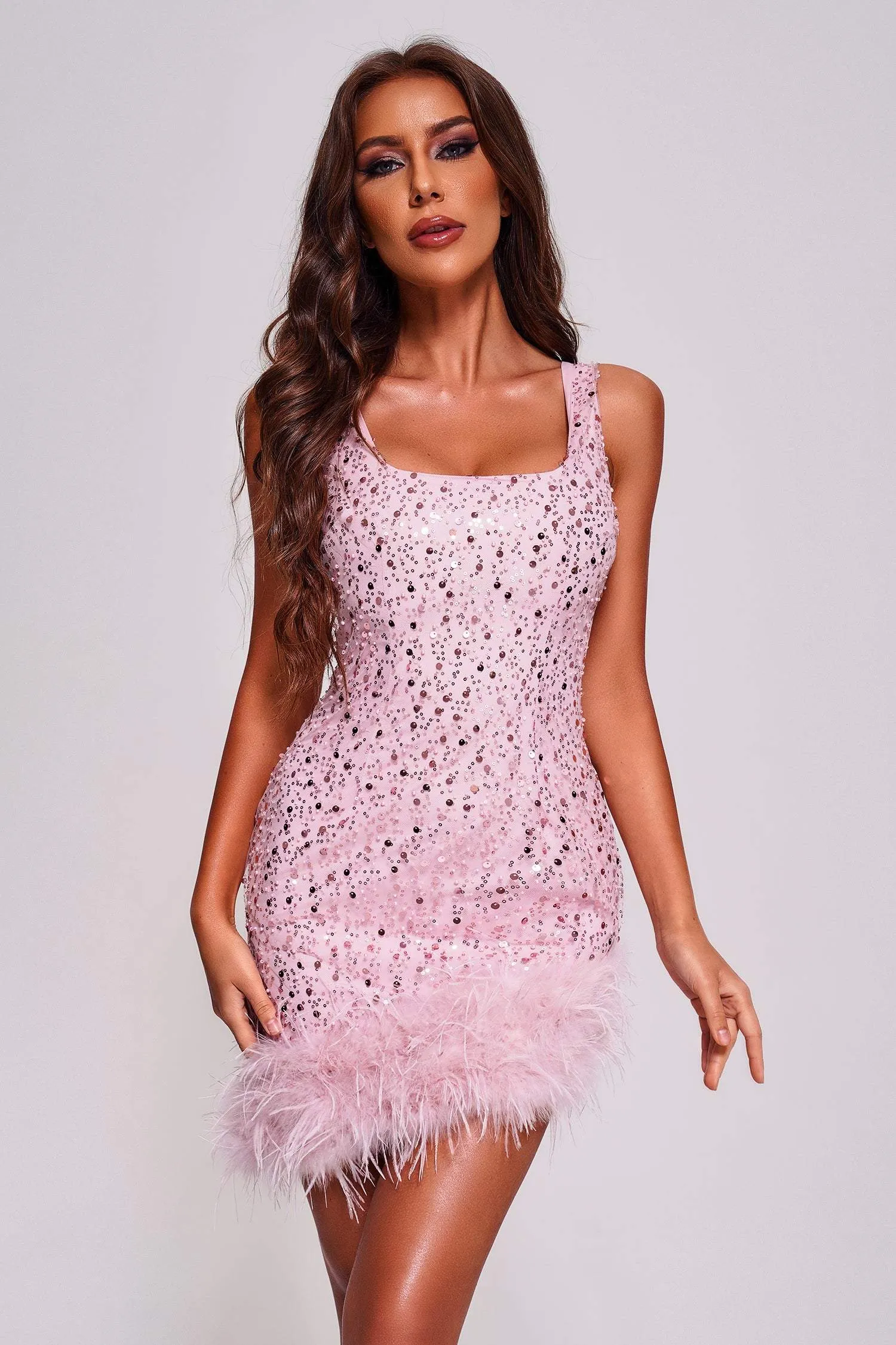 Lousia Sequin Feather Mini Dress, S sold by Bella Barnett