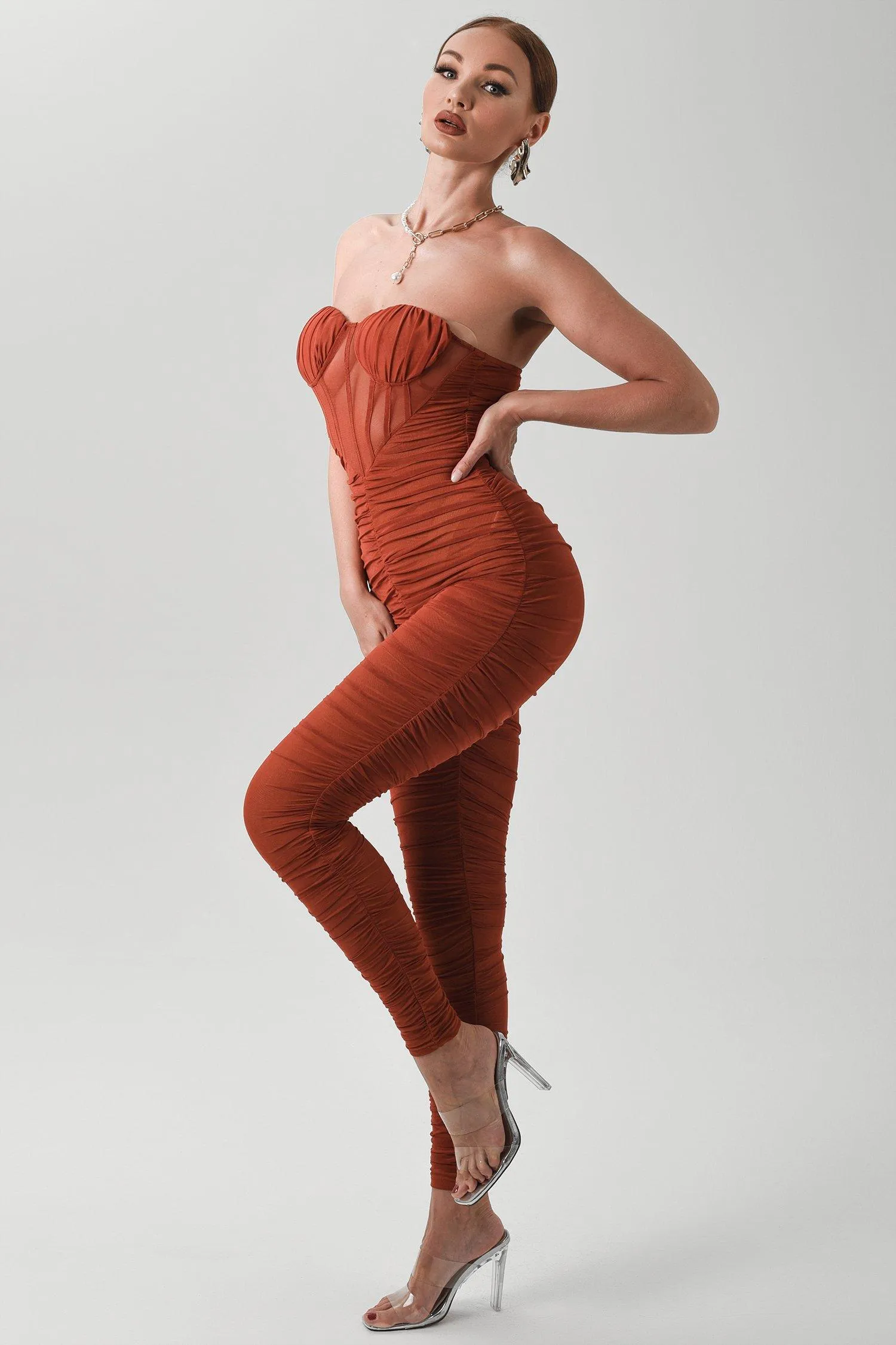 Sally Rust Ruched Mesh Bandage Jumpsuit, S sold by Bella Barnett product image thumbnail 2