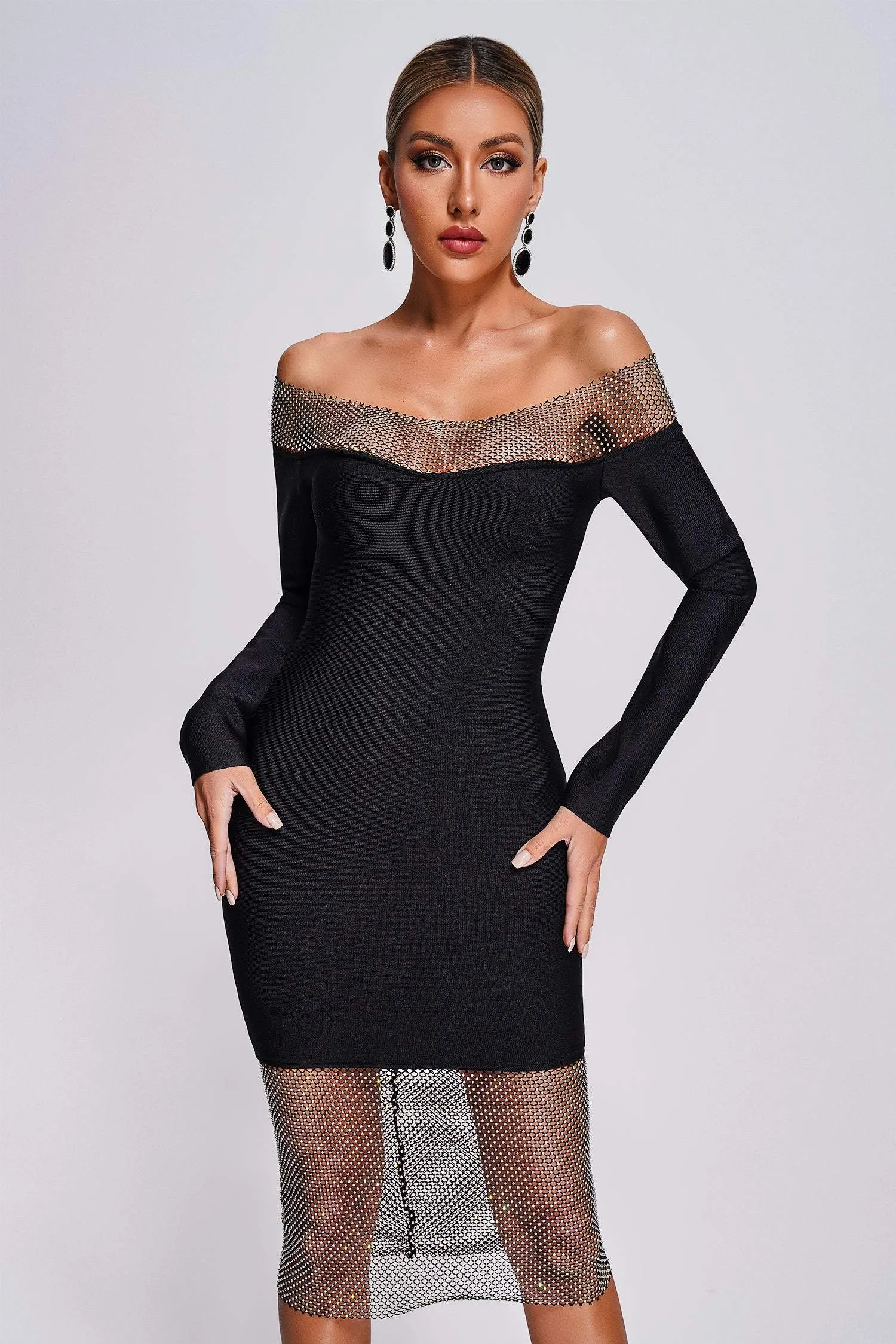 Lucica Off Shoulder Diamante Mesh Midi Bandage Dress, S sold by Bella Barnett product image thumbnail 2