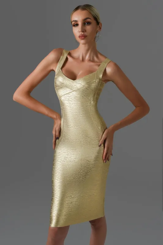 Sukia Mini Bandage Dress - Gold, XS sold by Bella Barnett