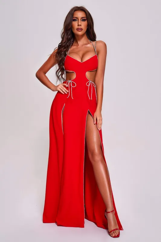 Isabeau Diamante Cutout Slit Maxi Dress, S sold by Bella Barnett