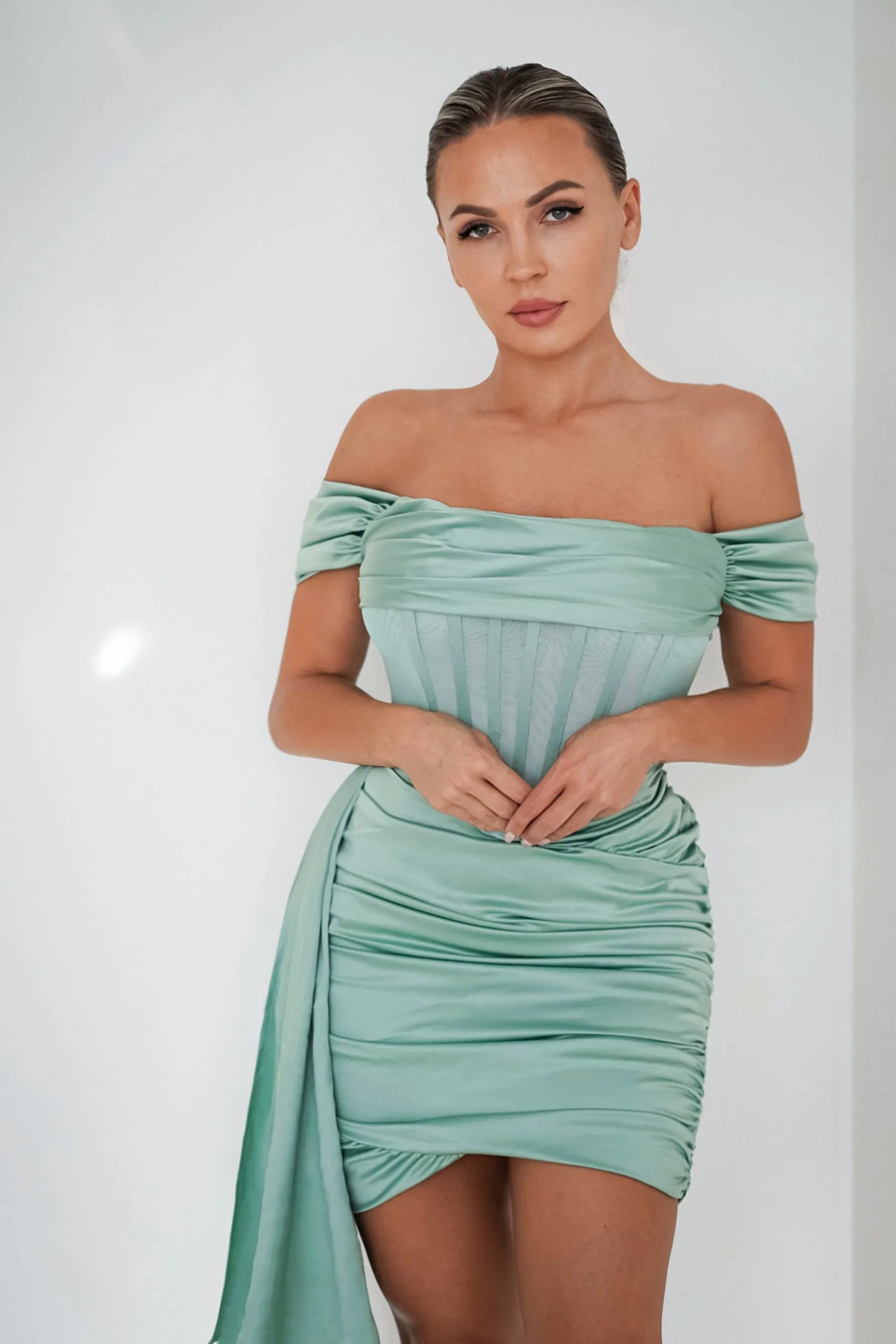 Off Shoulder Drape Corset Mini Dress, L sold by Bella Barnett product image thumbnail 2