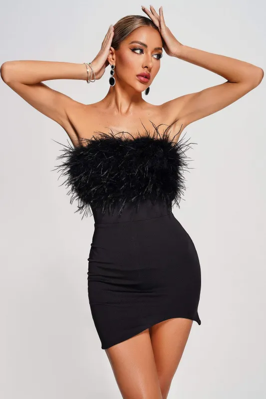 Winey Strapless Feather Mini Dress - Black, S sold by Bella Barnett