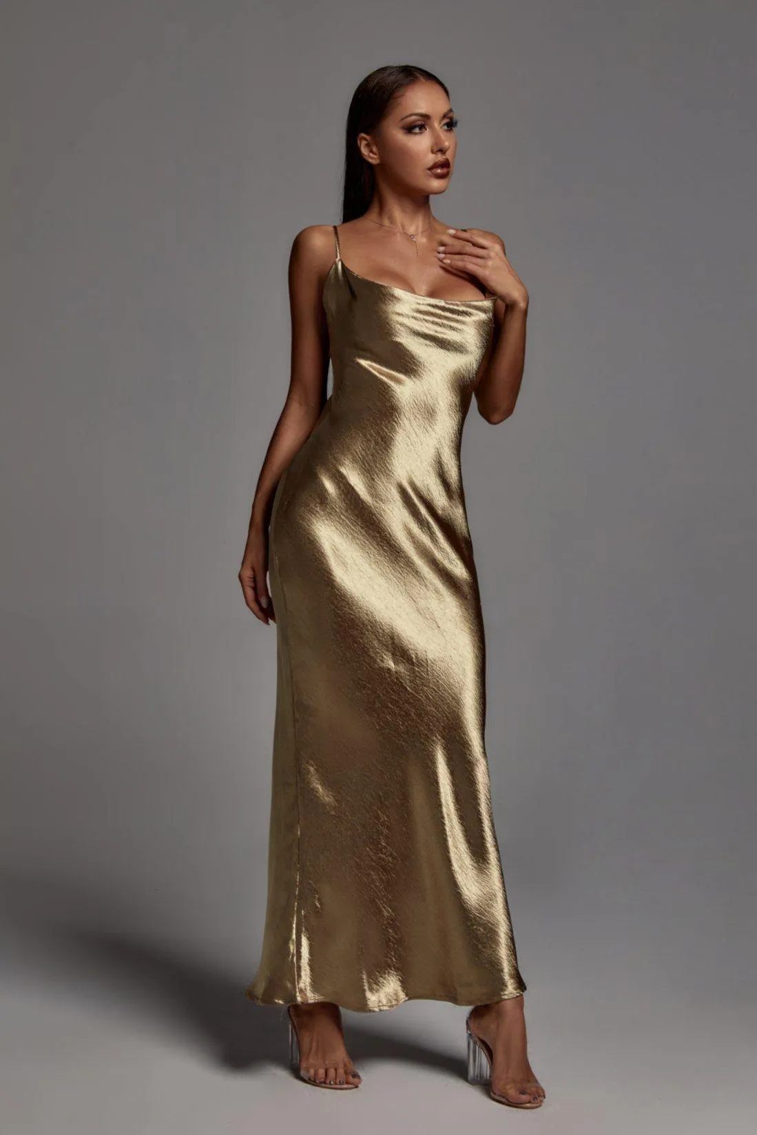 Emily Metallic Gold Maxi Dress, S sold by Bella Barnett product image thumbnail 2