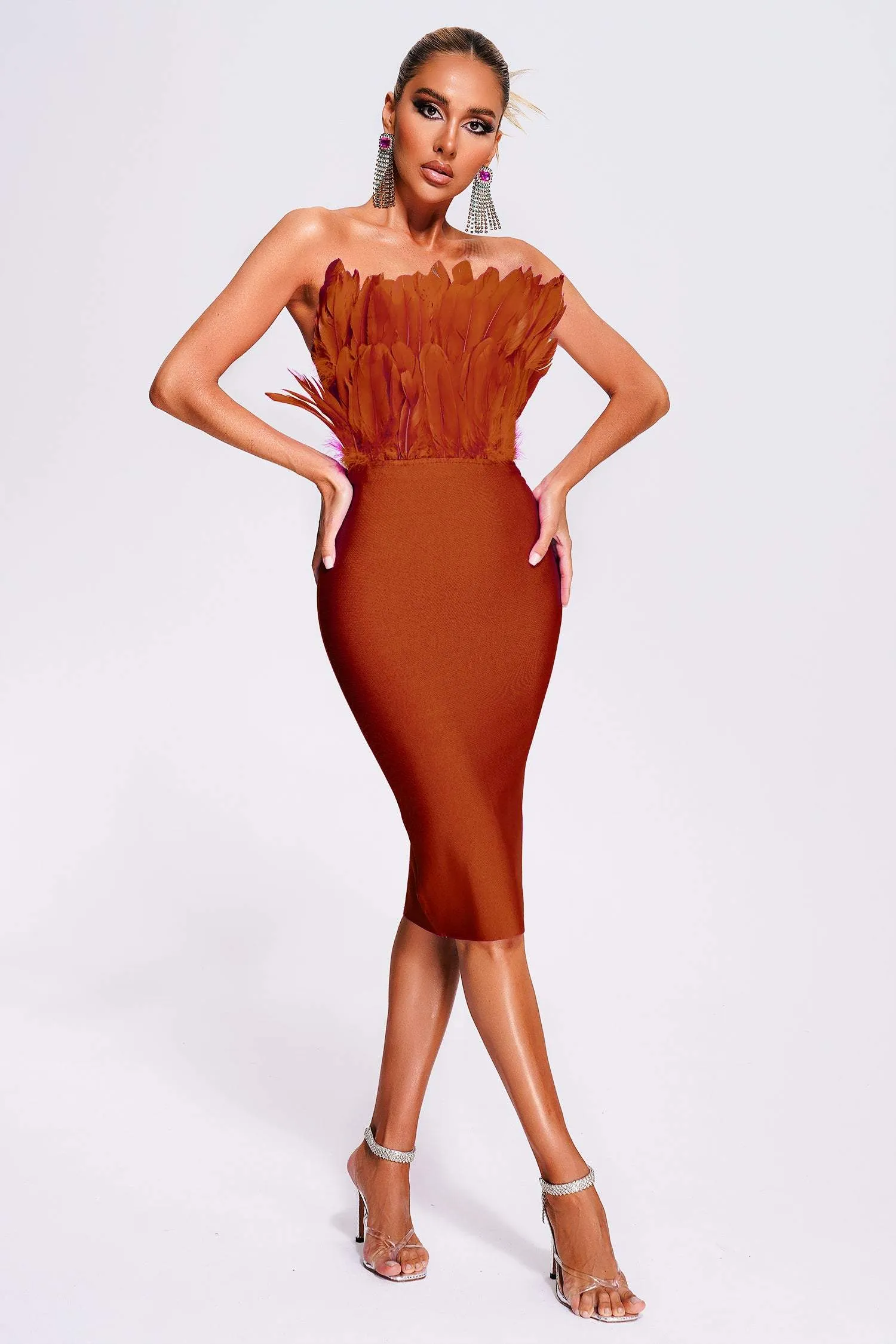 Parry Feather Strapless Midi Bandage Dress - Tan, M sold by Bella Barnett