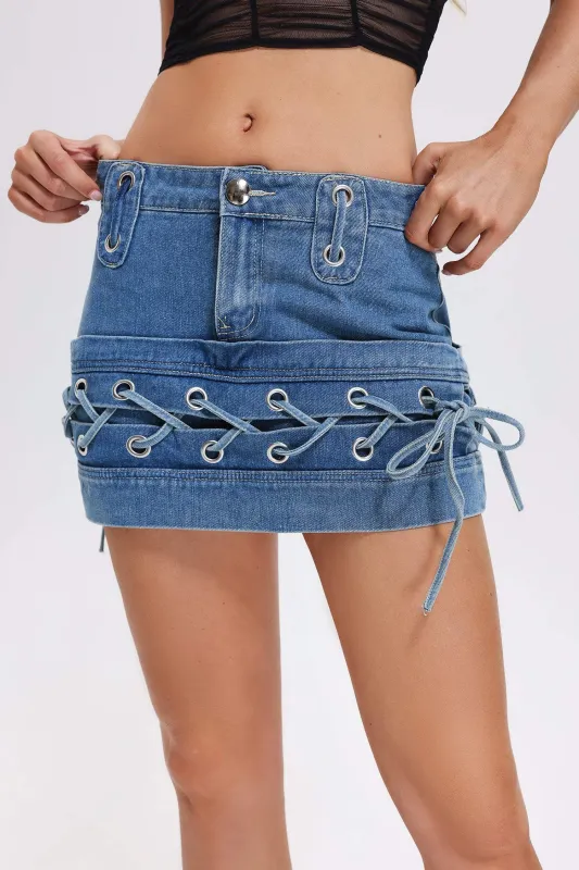 Katherine Lace Up Denim Skirt, L sold by Bella Barnett