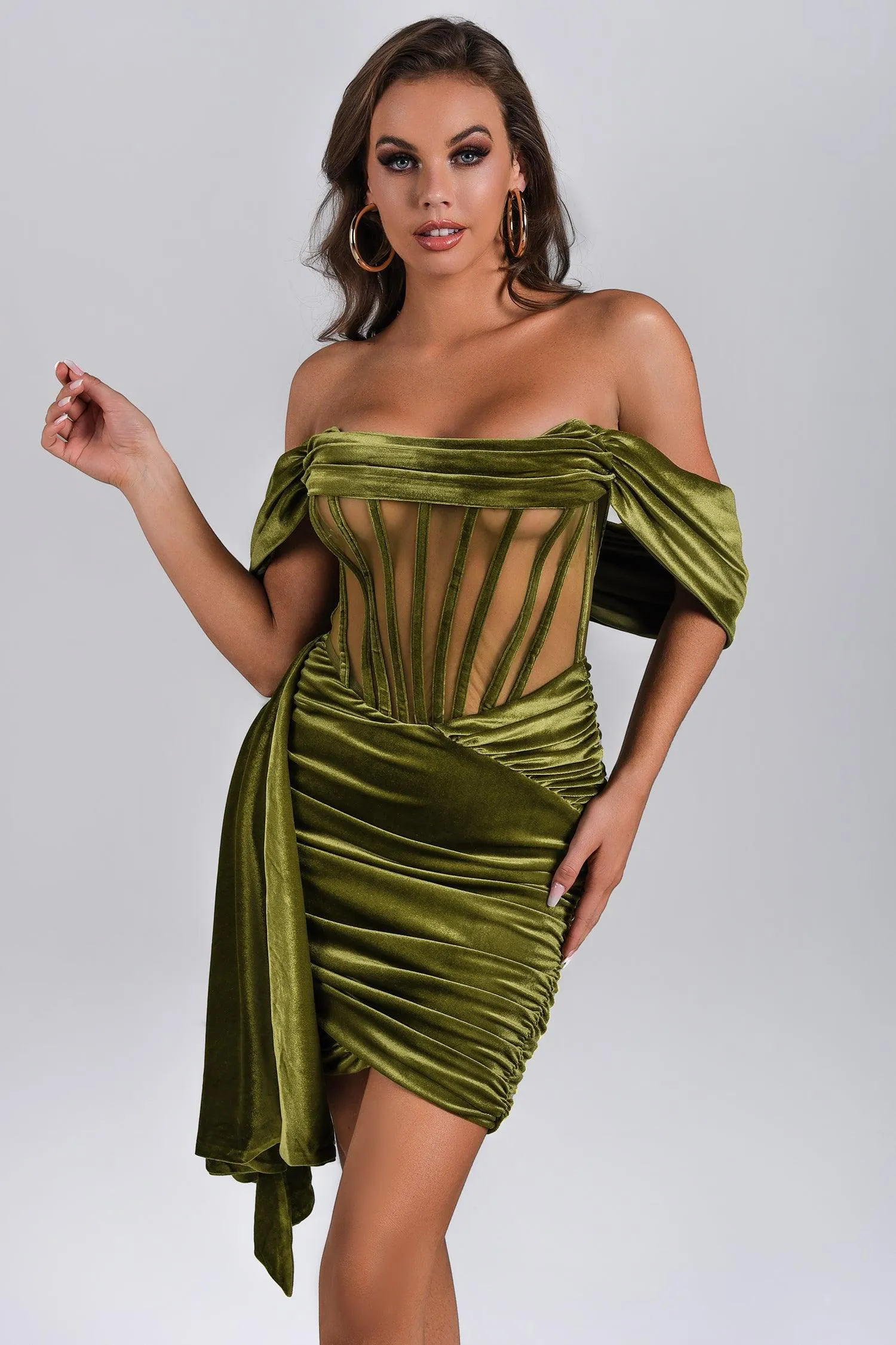 Elasa Velvet Corset Mini Dress - Green, S sold by Bella Barnett