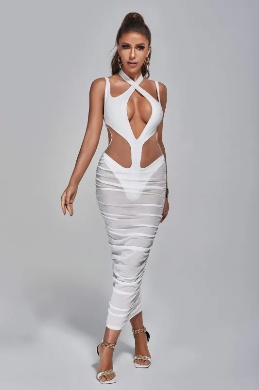 Amalie Cutout Mesh Midi Bandage Dress - White, XL sold by Bella Barnett