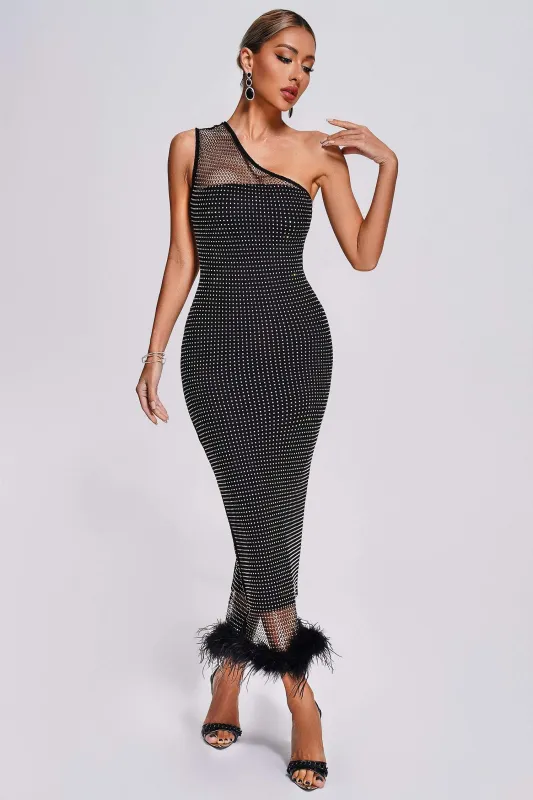Yalyka Feather Diamante Mesh Maxi Dress, L sold by Bella Barnett