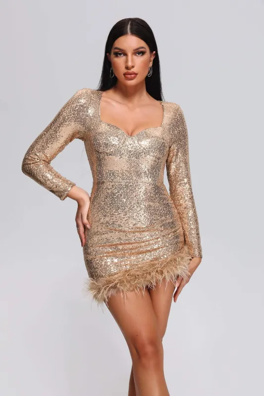 Farrah Feather Sequin Mini Dress - Gold, M sold by Bella Barnett