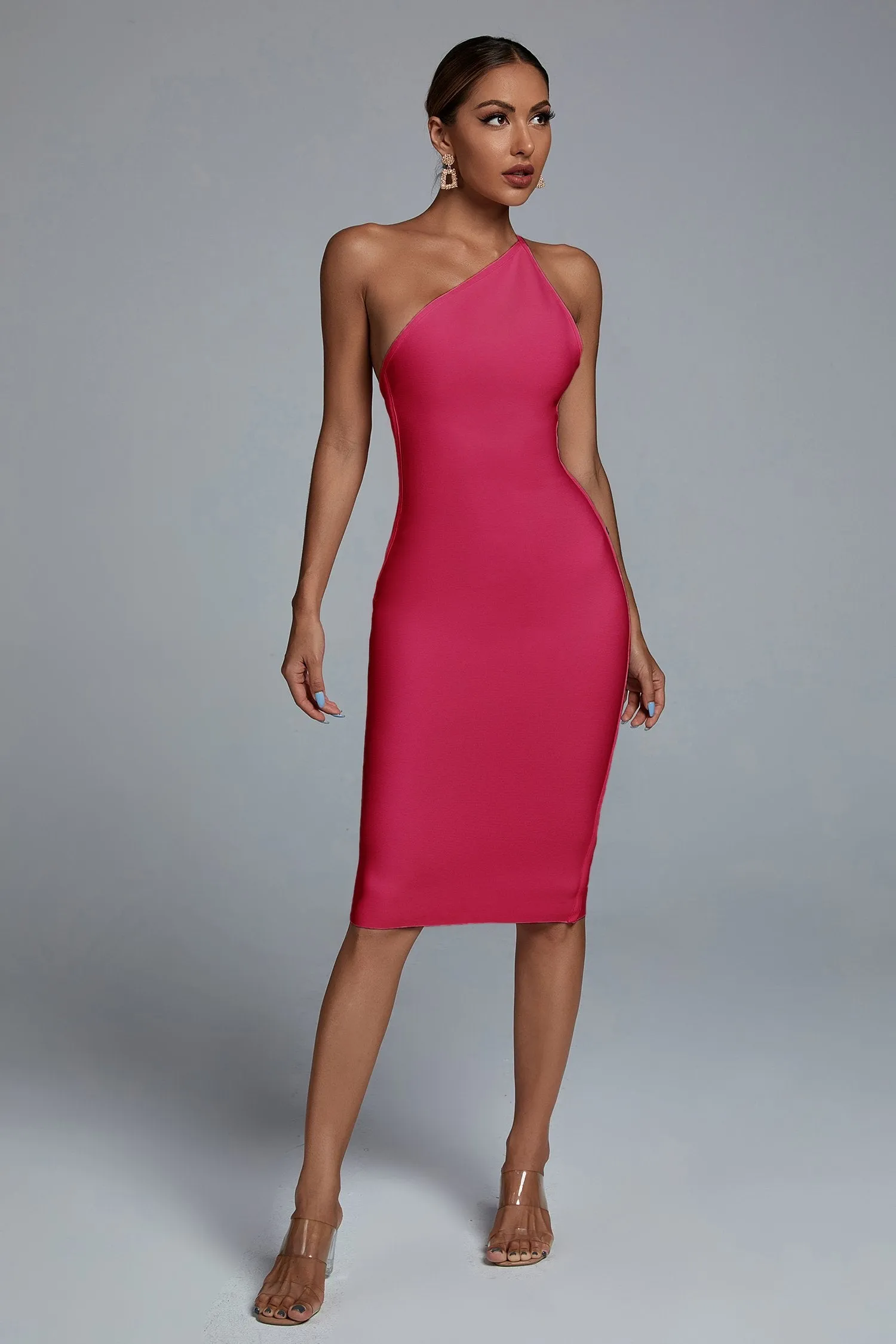 Janan One Shoulder Midi Cocktail Dress - Hot Pink, L sold by Bella Barnett product image thumbnail 2