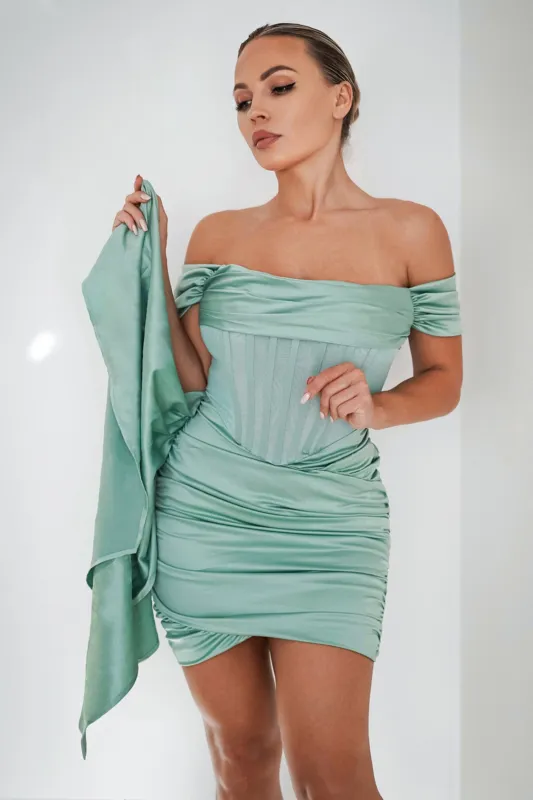 Off Shoulder Drape Corset Mini Dress, M sold by Bella Barnett