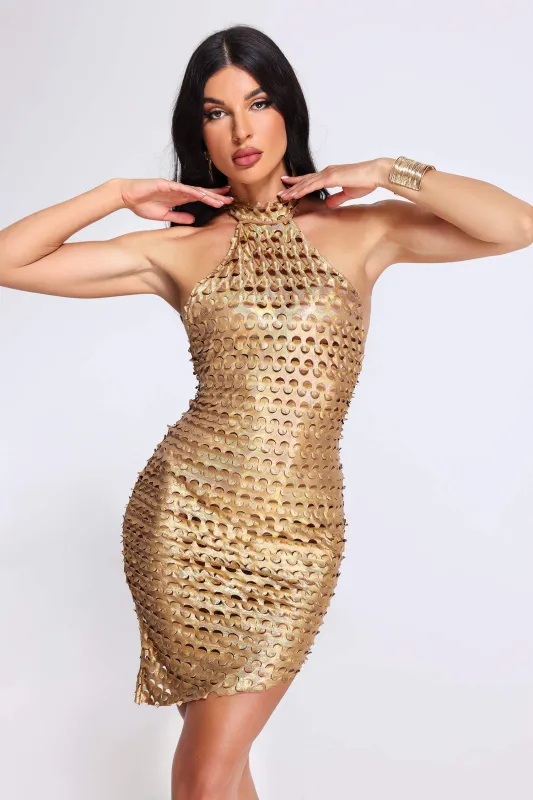 Taaliyah Halterneck Mini Dress - Golden, L sold by Bella Barnett
