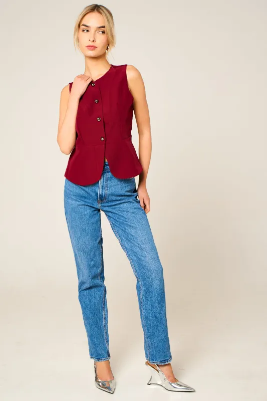 Wine Tailored Fitted Button Front Waistcoat - Viatara sold by Femme Luxe
