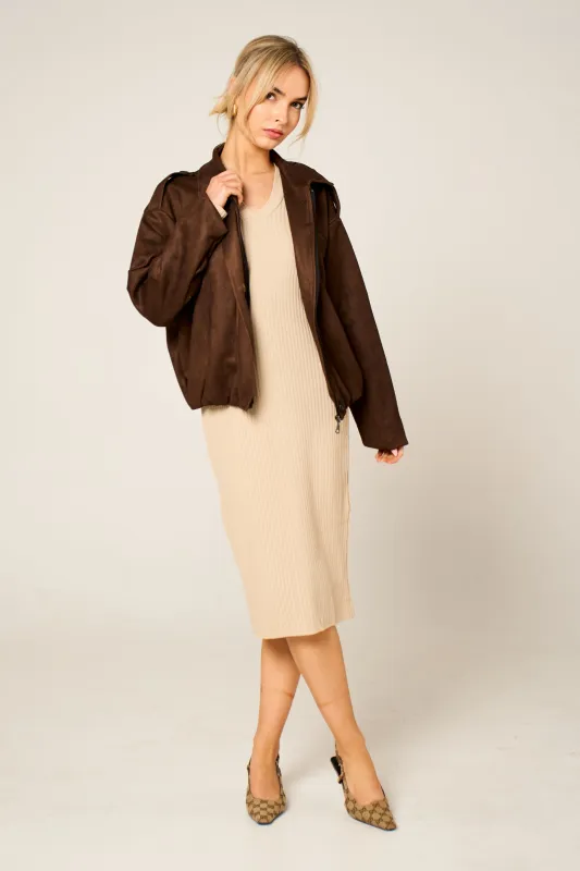 Brown Faux Suede Zip Up Bomber Jacket - Luziana sold by Femme Luxe