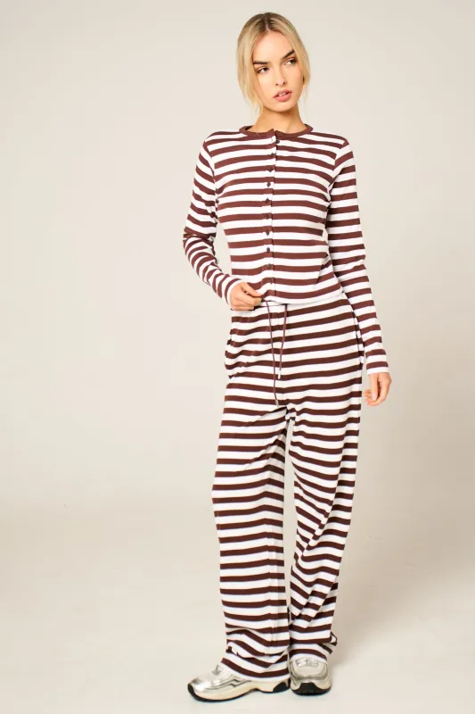Brown Contrast Striped Molly Button Top and Wide Leg Trousers - Elisanta made by Femme Luxe