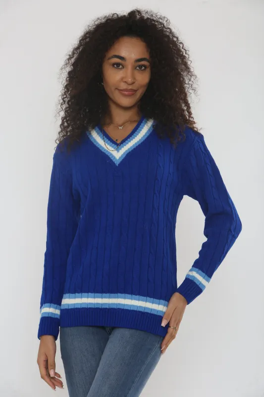 Blue Cable Knit V Neck Jumper with Stripe Trim - Somia sold by Femme Luxe